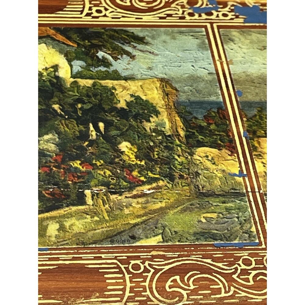 Vintage Cedar Wood Box Hinged Lid Decoupage Mediterranean Scene Blue Paint AS IS - Picture 4 of 14